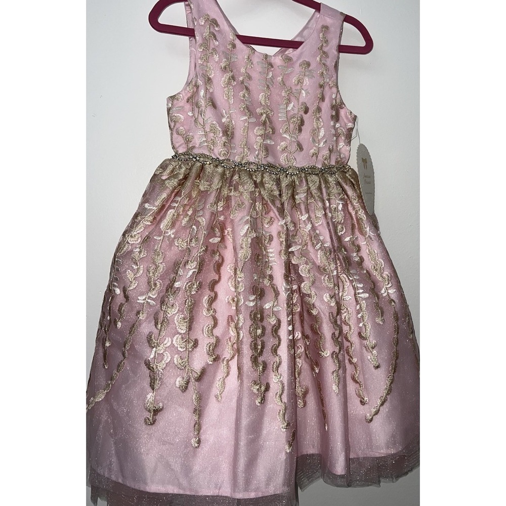 (268/8) Princess Girl's Pink Dress With Gold Embroidery Accents Size 7